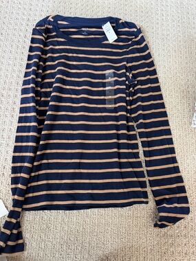 Medium Gap Striped Long Sleeve Tee - Navy & Camel